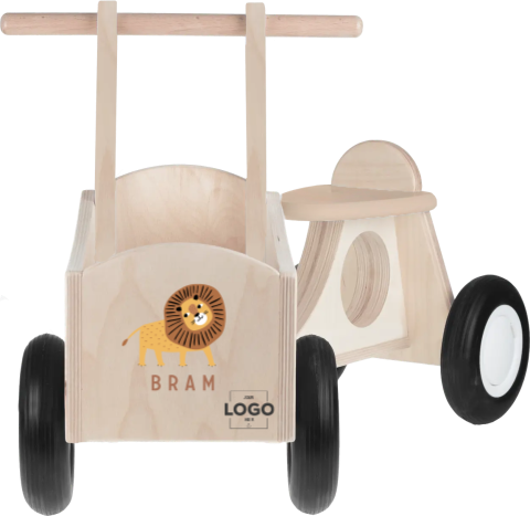 Houten bakfietsje met naam, leeuw en logo