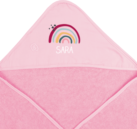 Badcape met naam en regenboog met stippen