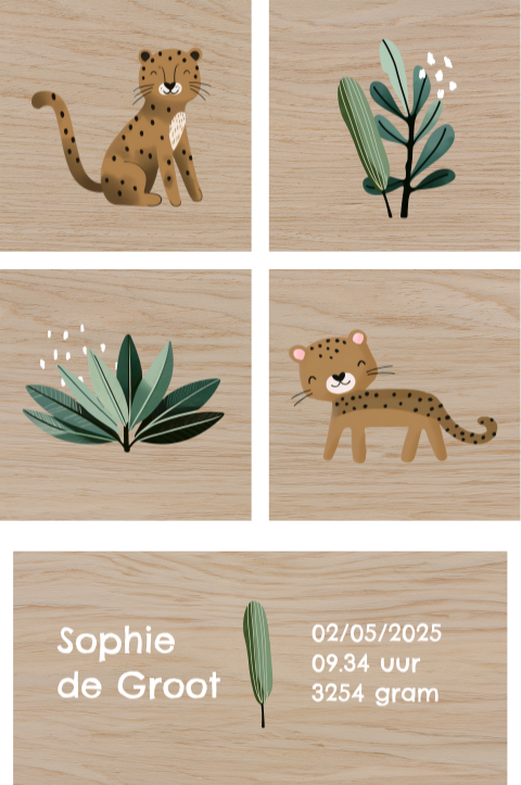 Houten blokken met naam en jungle-thema