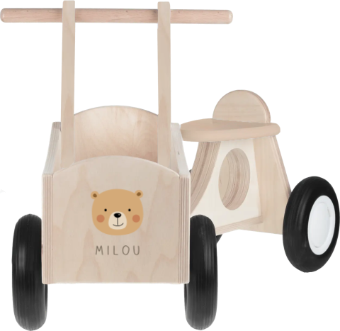Houten bakfietsje met naam en baby beer