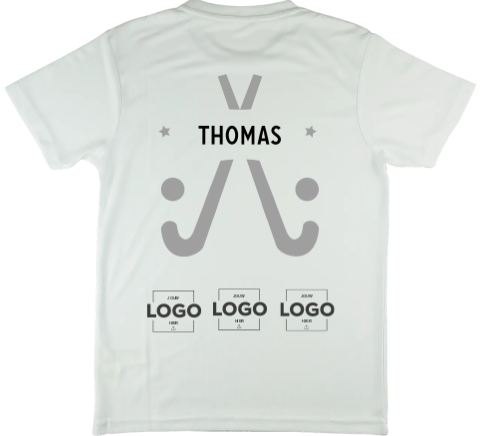 Sportshirt voor kind met naam, hockey-sticks en sponsorlogo
