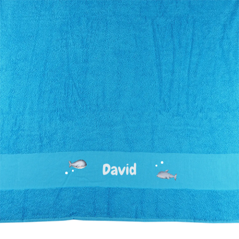 Badlaken met walvis en naam