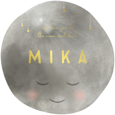 Organisch rond geboortekaartje van een maan en sterretjes in goudfolie