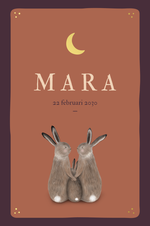 Geboortekaartje meisje in donkerpaars en terracotta met haasjes en 