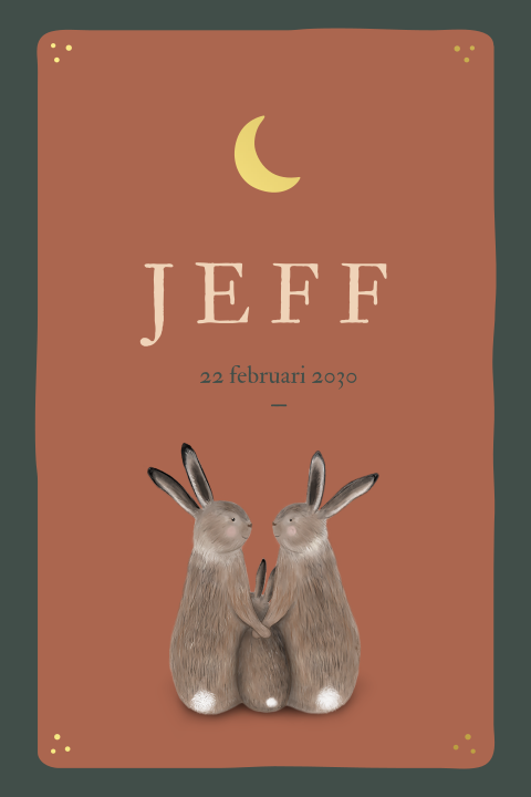 Stoer jongens geboortekaartje met haasjes en goudfolie maan