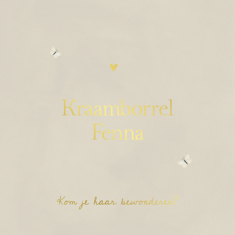 Kraamborrelkaartje beige met goudfolie, hartje en vlinders - 80x80 mm