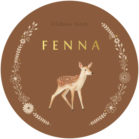 Geboortekaartje meisje rond met hertje, bloemen en goudfolie