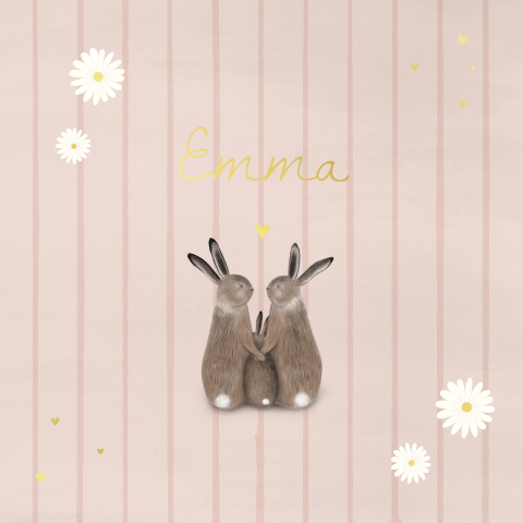 Geboortekaartje meisje met haasjes, roze strepen, madeliefjes & goudfolie