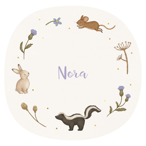 Rond geboortekaartje bloemen met bosdiertjes