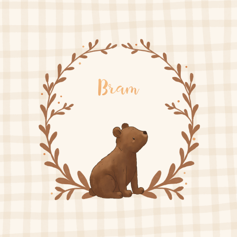 Geboortekaartje beertje met ruitjes achtergrond