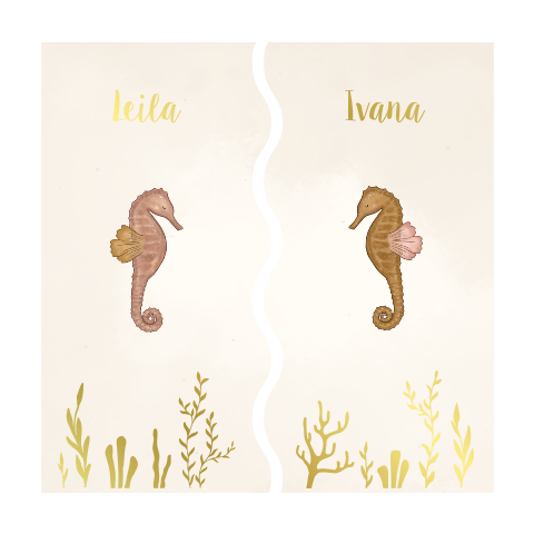 Tweeling geboortekaartjes zeepaardjes goud koraal