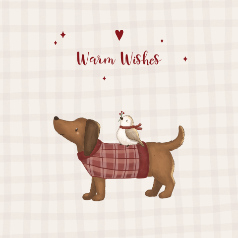 Kerstkaart teckel en fluffy vogeltje