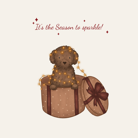 Kerstkaart hondje in cadeau