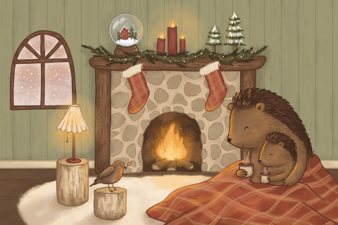 Kerstkaart egeltjes bij haardvuur 