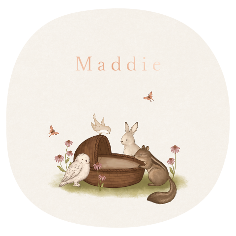 Geboortekaartje bosdieren bij wiegje