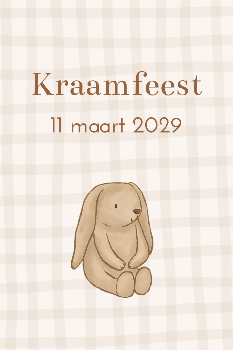 Kraamborrel kaartje knuffel konijntje ruitjes
