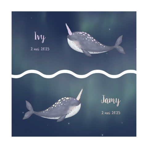 Tweeling geboortekaartjes narwal