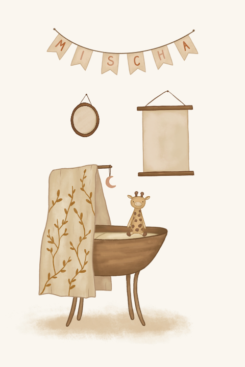 Geboortekaartje wiegje en vlaggenlijn met naam