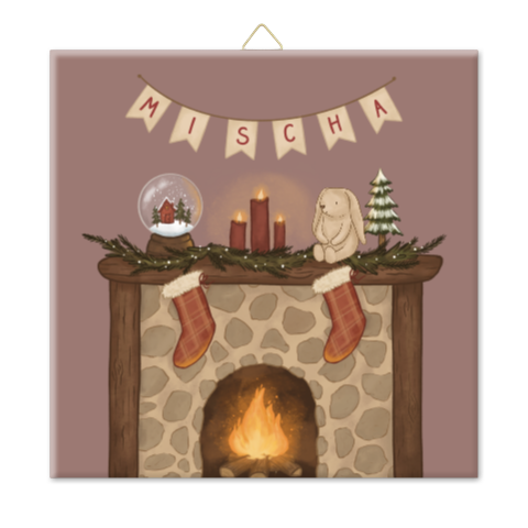 Tegeltje baby's eerste kerst illustratie haardvuur