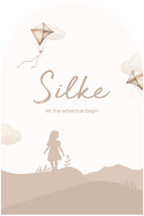 Geboortekaartje lief meisje op heuvels met vliegers boog