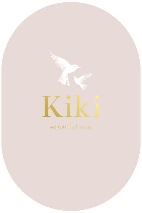 Ovalen geboortekaartje lichtroze met vogels goudfolie