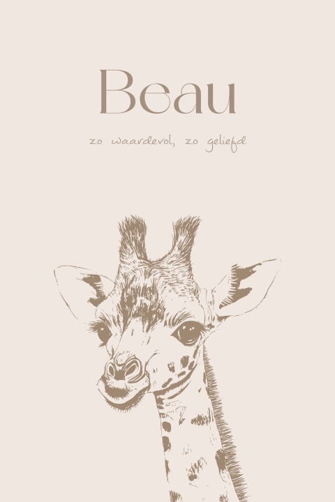 Neutraal geboortekaartje lijntekening giraf bruintinten