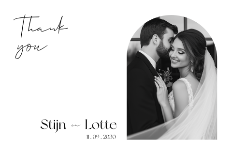 Bedankkaartje modern met foto in boogvorm zwart wit