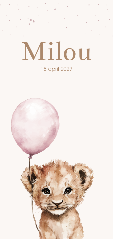 Schattig geboortekaartje roze ballon met leeuwenwelpje