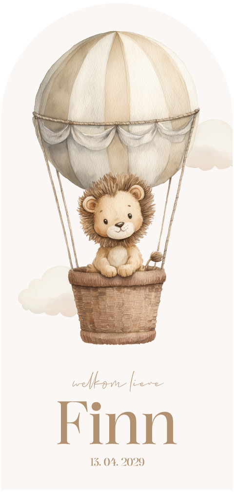 Stoer boogvormig geboortekaartje luchtballon met leeuwtje