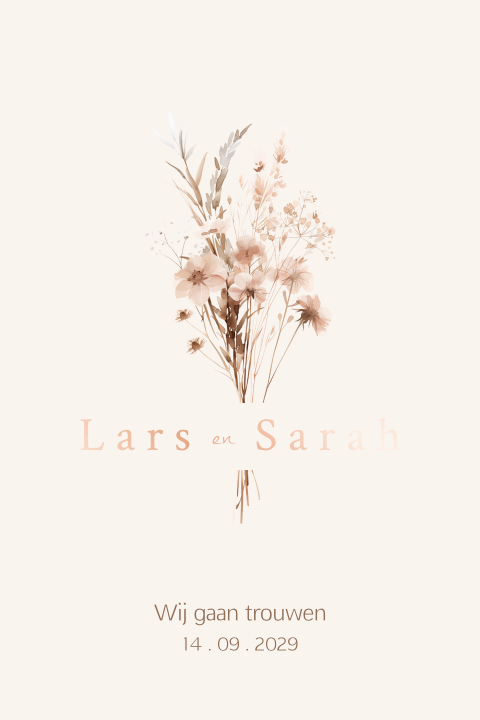 Trouwkaart rosegoudfolie en veldboeket
