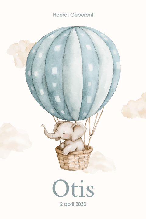 Geboortekaartje met olifantje in blauwe luchtballon en wolkjes