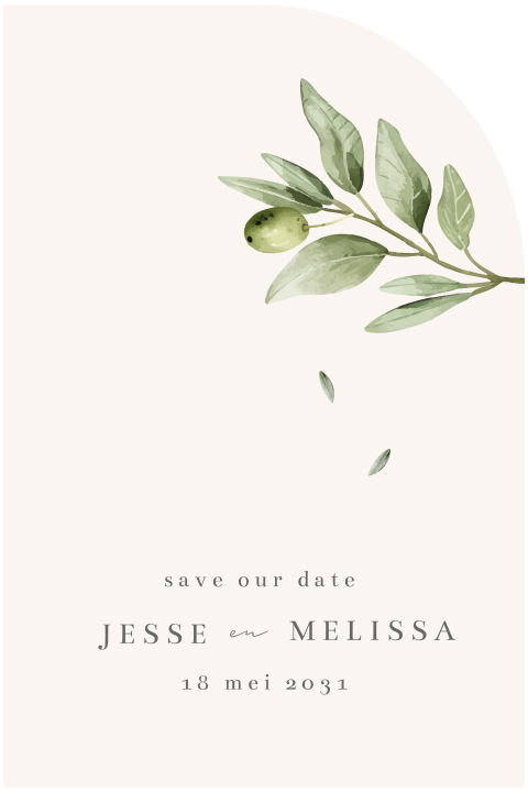 Save the date kaart met afgeronde hoek olijftakje