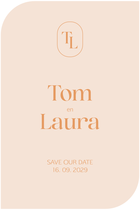 Peach oranje save the date initialen in bijzondere vorm