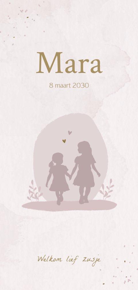 Roze geboortekaartje aquarel met silhouet van zusjes