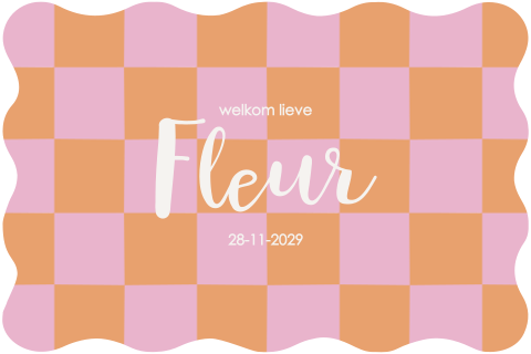 Geboortekaartje colorblocking oranje en roze met schulprand