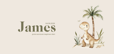 Beige geboortekaartje met baby dino en plamboom