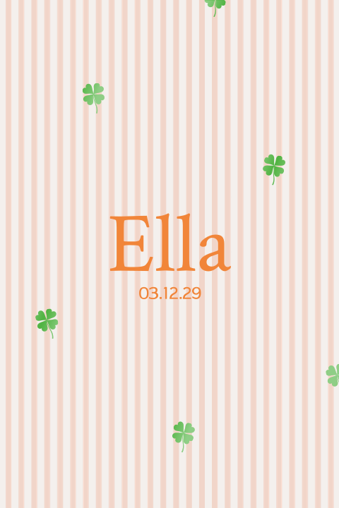 Kleurrijk geboortekaartje oranje streepprint klavertje vier hoogglans