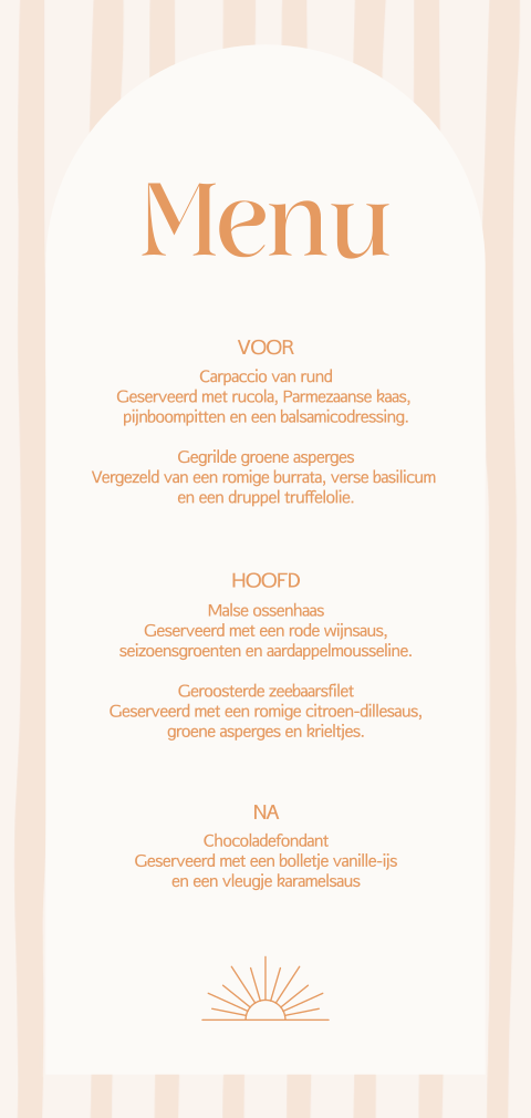 Menukaart langwerpig in pastel oranje en strepen