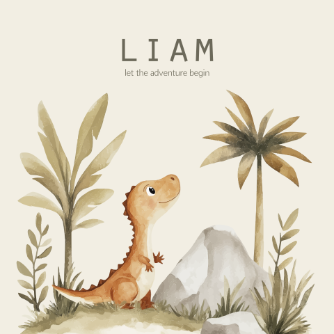 Beige geboortekaartje baby dino tussen rotsen en palmbomen