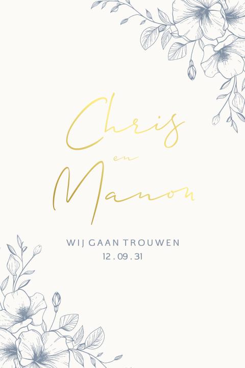 Sierlijke trouwkaart met blauwe bloemen en goudfolie