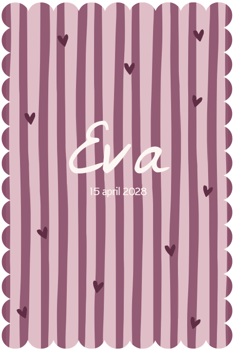 Plum geboortekaartje golfrand met hartjes en strepen