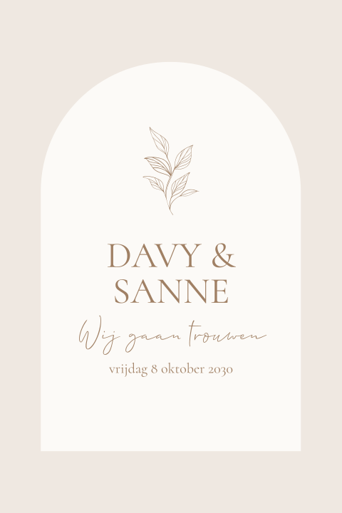 Trouwkaart beige met boogvorm en blaadje