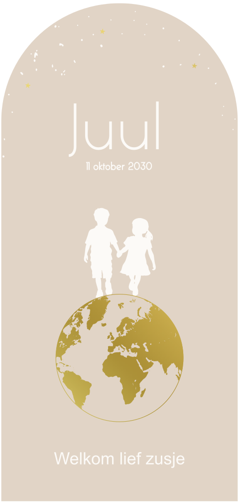 Geboortekaartje silhouet broertje met zusje op aardbol goudfolie