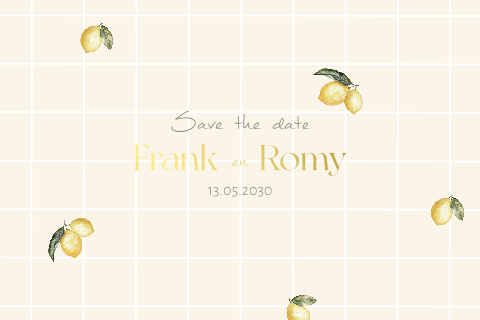 Save the date kaart met rasterpatroon en citroenen goudfolie