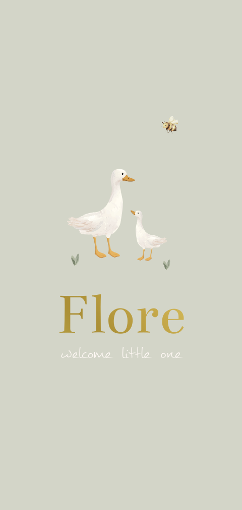 Groen geboortekaartje met gansjes en bijtje goudfolie