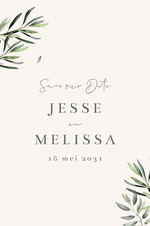 Botanische save the date met watercolor olijftakjes