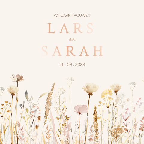 Trouwkaart bloemenveld met rosegoudfolie