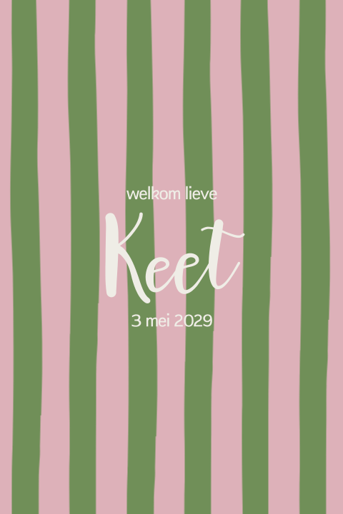 Kleurrijk geboortekaartje groen met roze streeprint