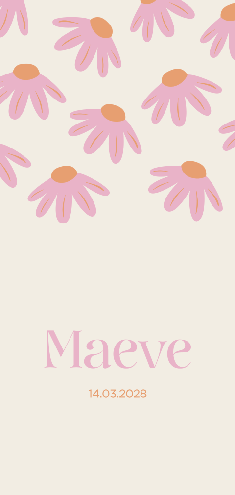 Hip geboortekaartje bloemenprint oranje roze