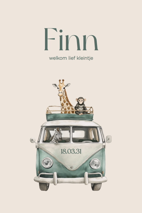 Stoer geboortekaartje met groen busje en dieren